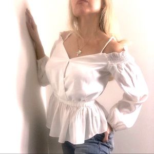 White Off Shoulder Peplum Blouse with Long Sleeves